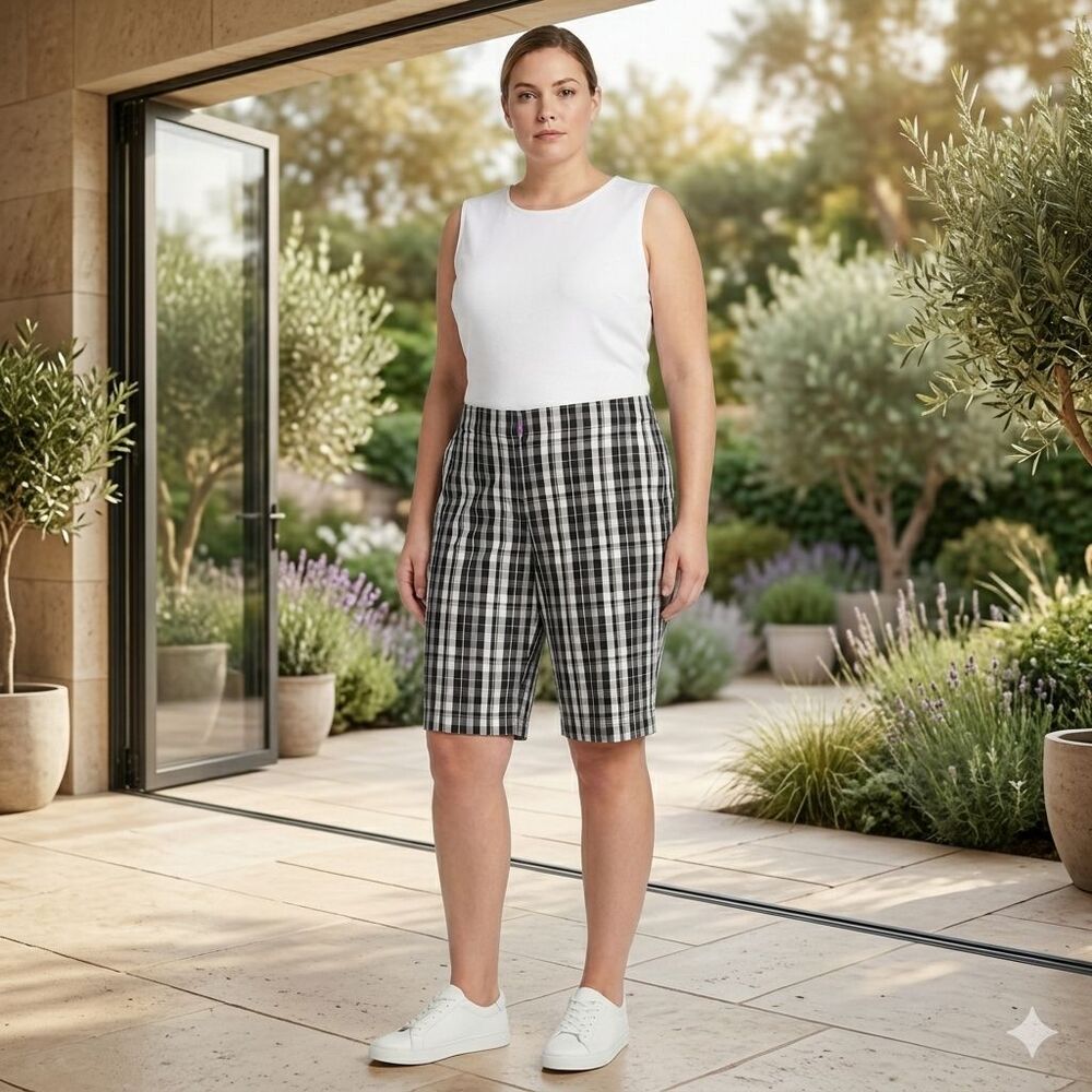 Women's Jones New York Sport Black & White‎ Plaid Mid-Rise Cotton Shorts 14